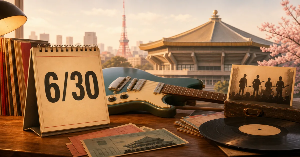 6月30日のカレンダー、ビンテージギター、レコード、日本武道館を思わせる建物を描いたビートルズ来日記念日のイラスト