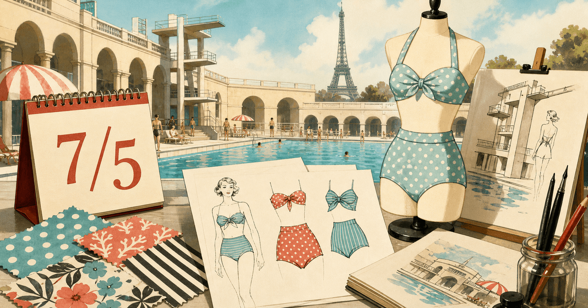 1940年代のプールサイドに7月5日のカレンダーと水着のデザイン画が並ぶイラスト