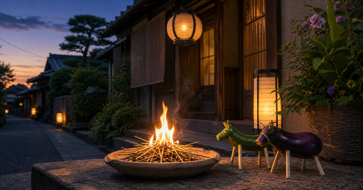 盆迎え火をテーマに、夕暮れの玄関先で苧殻を焚き、盆提灯と精霊馬を添えたイラスト