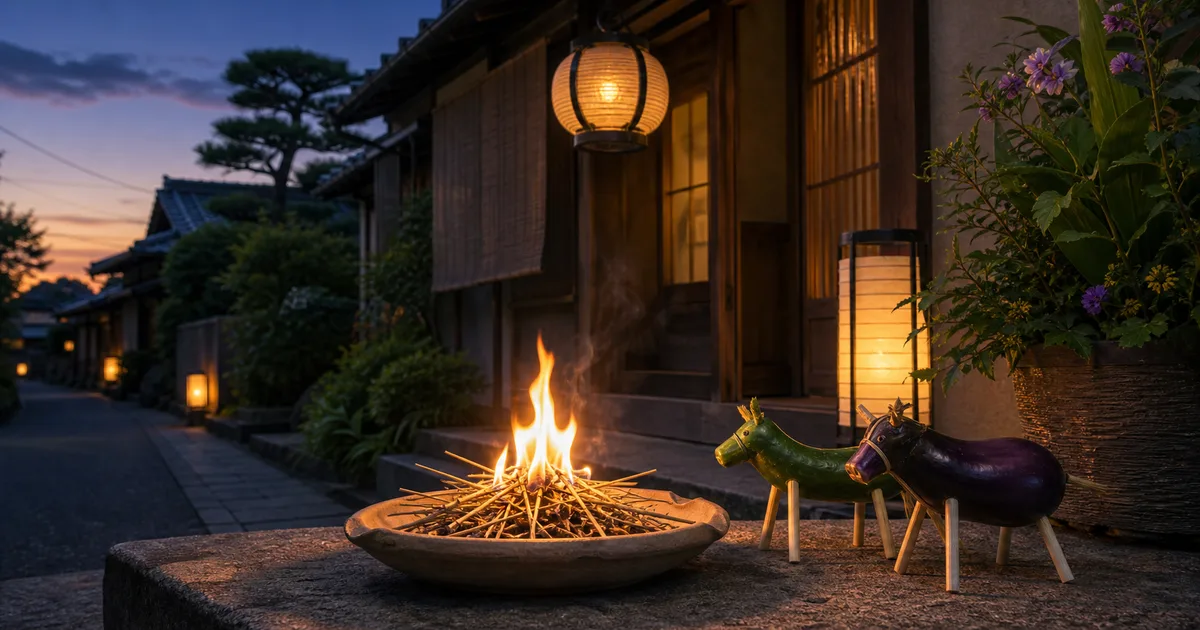 盆迎え火をテーマに、夕暮れの玄関先で苧殻を焚き、盆提灯と精霊馬を添えたイラスト
