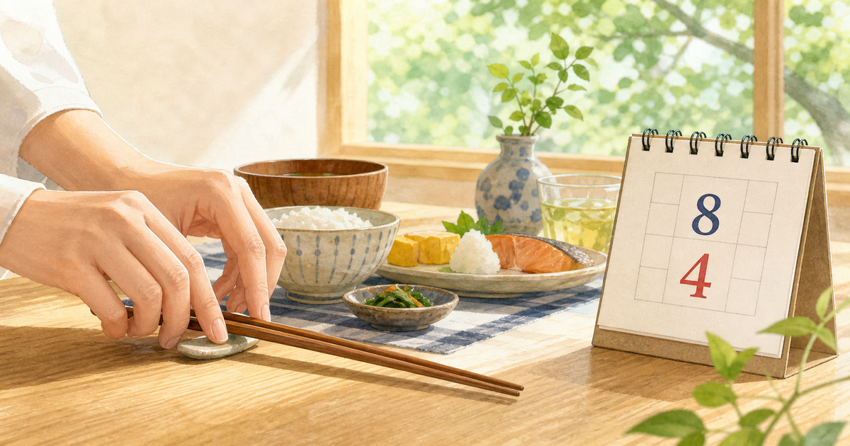 夏の食卓で木の箸を取ろうとする手と、8月4日を示す卓上カレンダーのイラスト