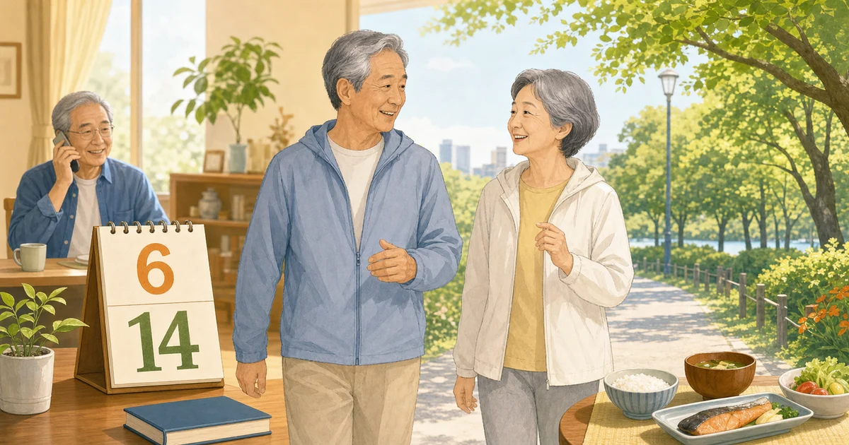 6月14日のカレンダーと、散歩や会話、バランスのよい食事を楽しむシニア世代を描いたイラスト