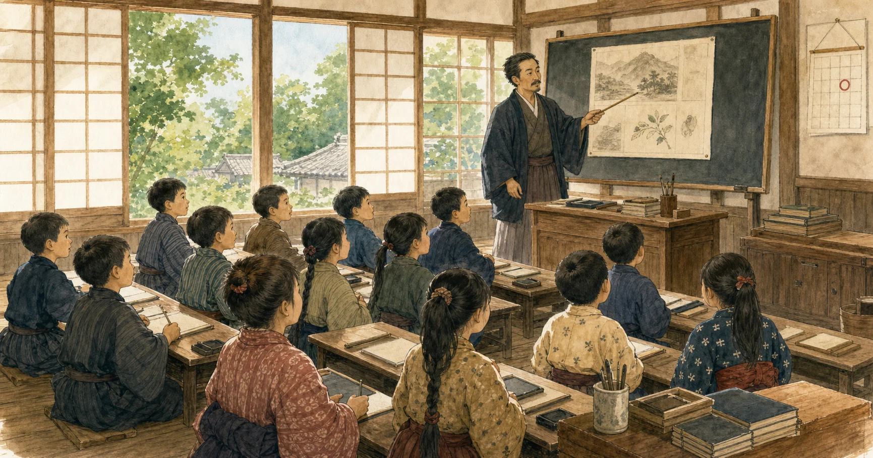 明治初期の木造教室で、和装の子どもたちが先生の授業を受ける様子を描いたイラスト
