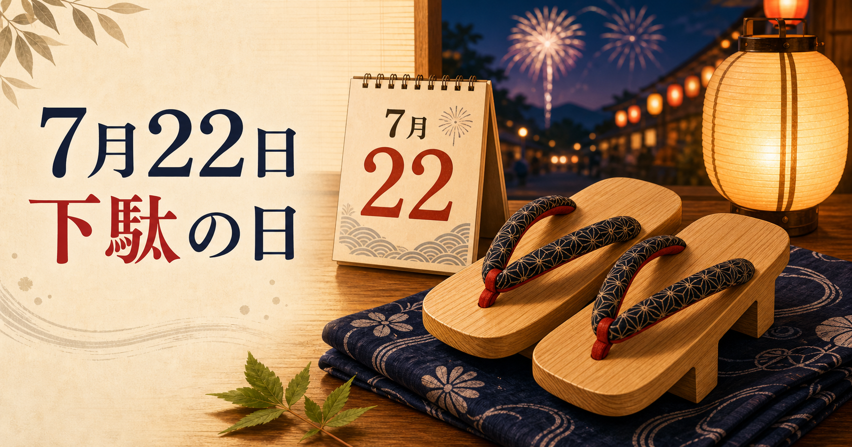 夏祭りの灯りのそばに7月22日のカレンダーと木製の下駄が置かれたイラスト