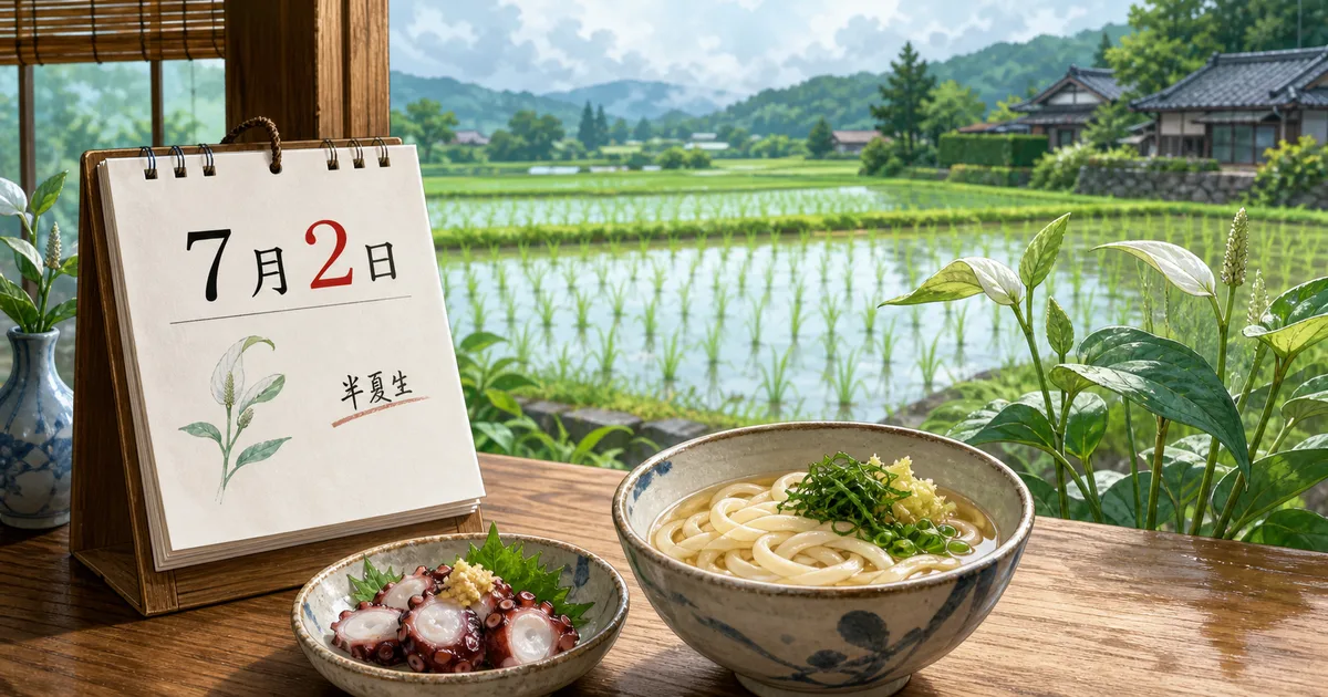 7月2日の半夏生を記した卓上カレンダーとタコ、うどん、田植え後の水田を描いたイラスト