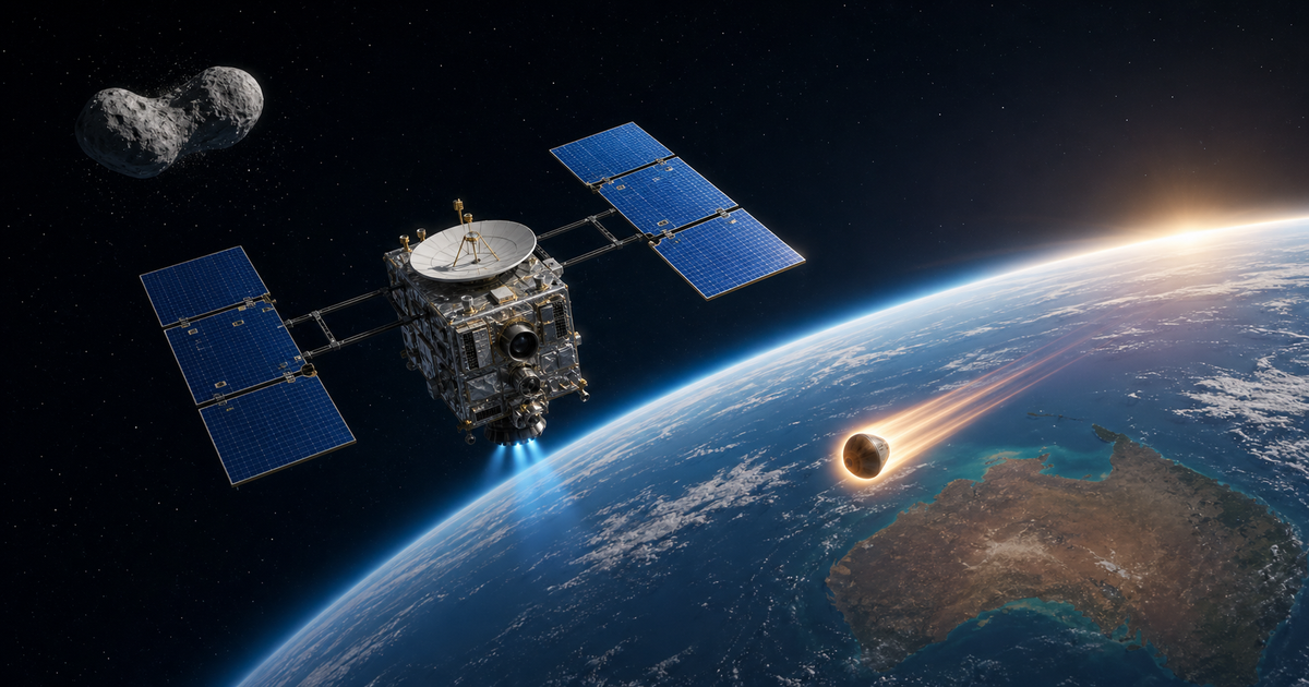 小惑星イトカワを後にして地球へ帰還する探査機はやぶさと再突入カプセルを描いた記事ヒーロー画像