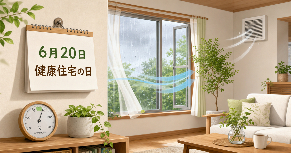 雨の窓辺に6月20日の健康住宅の日カレンダーと湿度計がある明るい室内イラスト