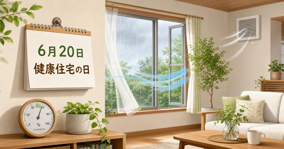 雨の窓辺に6月20日の健康住宅の日カレンダーと湿度計がある明るい室内イラスト