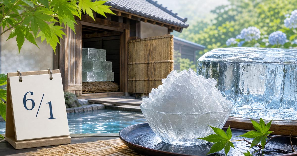 6月1日のカレンダーと、氷室や透明な氷、かき氷を描いた記事ヒーロー画像