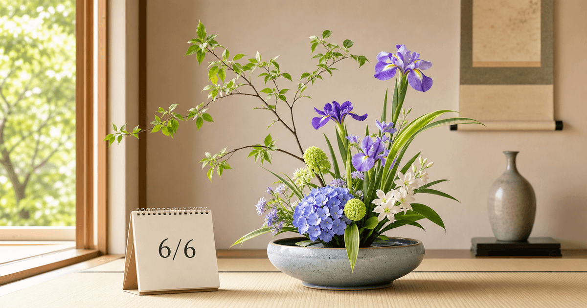 6月6日のカレンダーと、初夏の花を生けたいけばなを描いた記事ヒーロー画像
