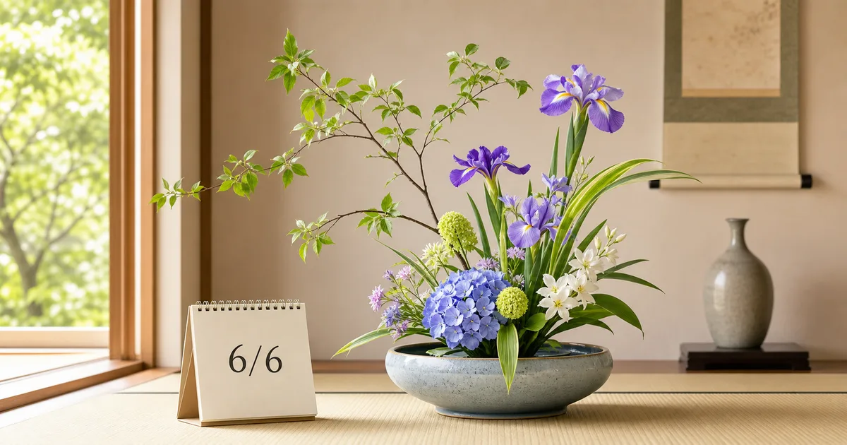 6月6日のカレンダーと、初夏の花を生けたいけばなを描いた記事ヒーロー画像