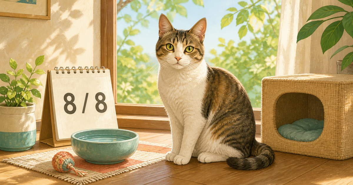 8月8日のカレンダーのそばで、猫が水飲み皿やおもちゃと一緒にくつろぐ夏の部屋のイラスト