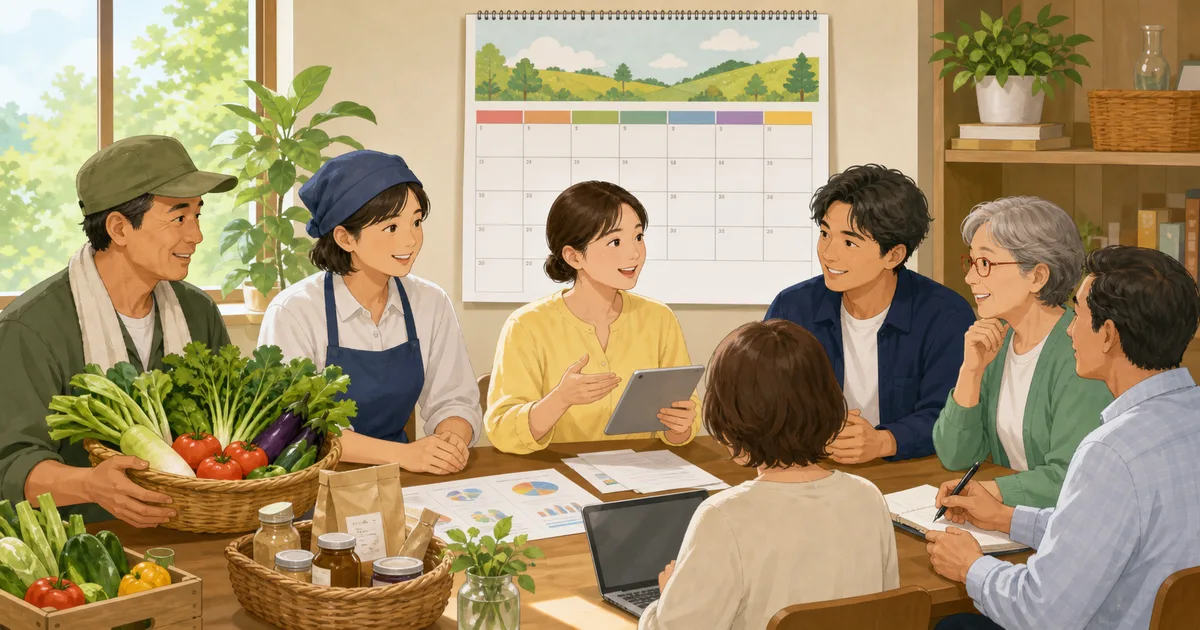 協同組合の国際デーをテーマに地域の人たちが机を囲んで話し合う明るいイラスト