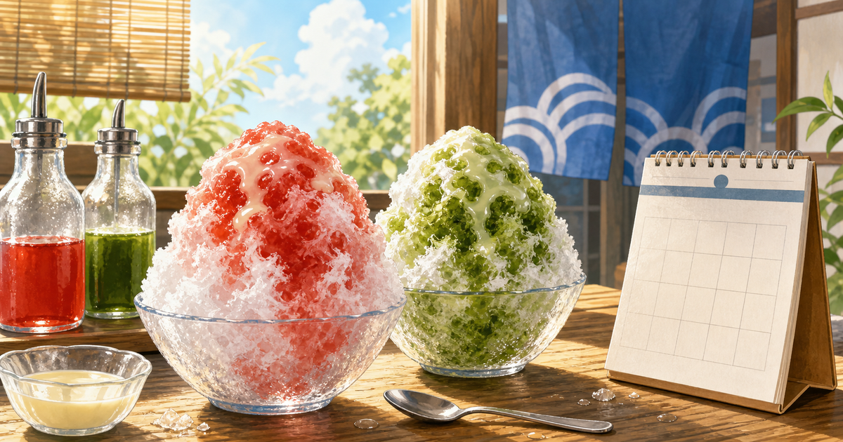 夏の窓辺にいちご味と抹茶味のかき氷、卓上カレンダー、シロップ瓶を並べたイラスト