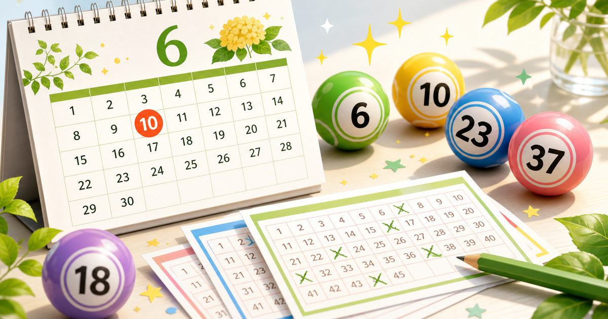 6月10日のカレンダーと数字選択式宝くじのマークシート、カラフルな番号ボールを描いた記事ヒーロー画像