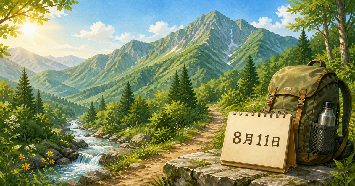 夏の山と森から流れる清流、登山道、8月11日のカレンダーを描いた山の日のイラスト
