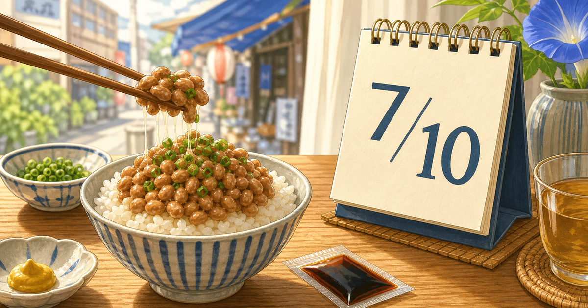 7月10日のカレンダーと納豆ごはん、箸で持ち上げた納豆を描いた納豆の日のイラスト