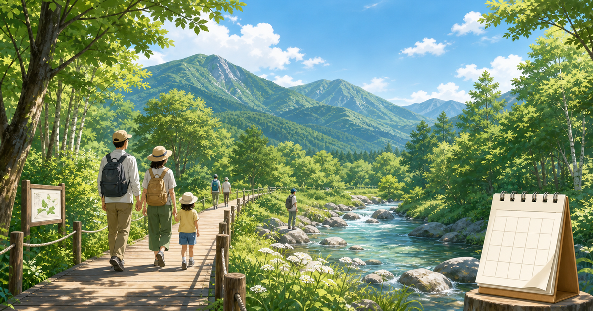 夏の自然公園で木道を歩く家族と渓流、山並み、7月21日のカレンダーを描いたイラスト
