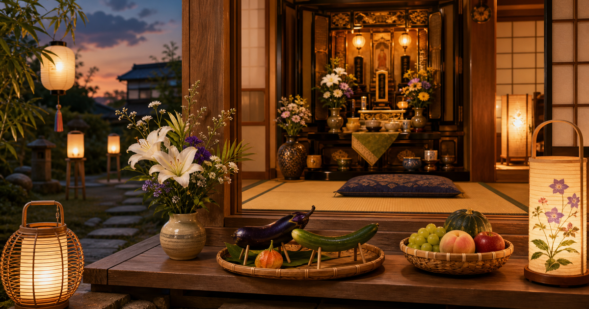 夏の夕暮れの日本家屋で、盆提灯、花、精霊馬、お供えを整えて先祖を迎えるお盆・盂蘭盆会のイラスト