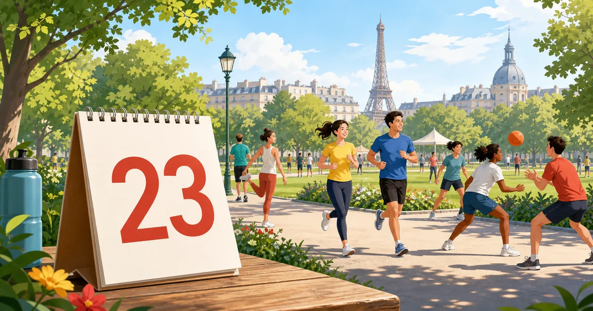 6月23日のカレンダーとパリの公園でスポーツを楽しむ人たちを描いたイラスト