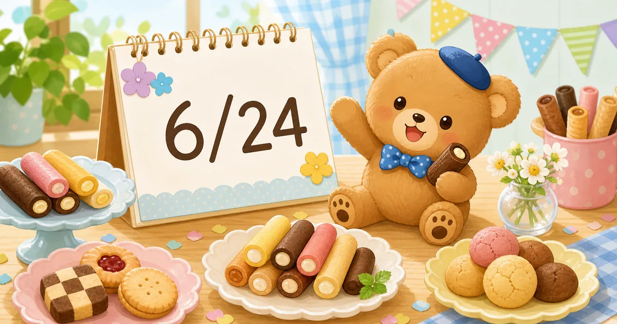 6月24日のカレンダーと小さなお菓子、オリジナルのクマが並ぶ明るいイラスト