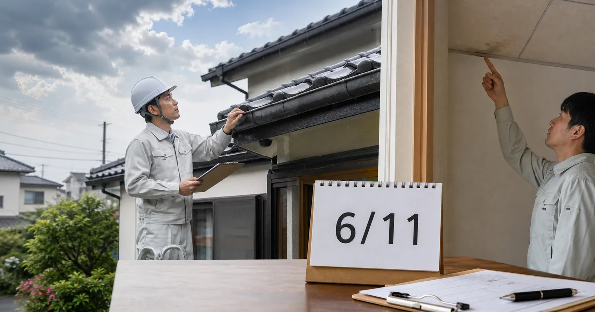6月11日のカレンダーと屋根、天井の雨漏り点検をする作業員を描いた記事ヒーロー画像