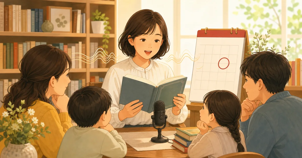 本を声に出して読み、朗読を楽しむ人たちを描いた温かいイラスト