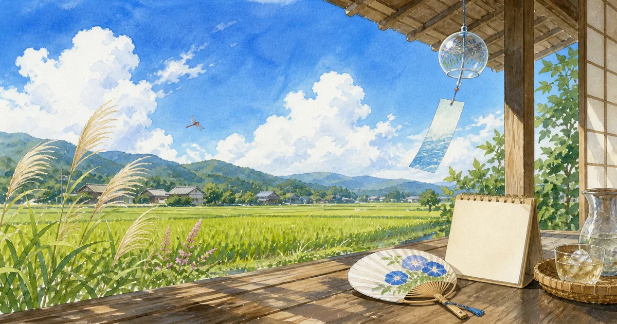青空と入道雲の下に広がる田んぼ、縁側の風鈴やうちわ、すすきと赤とんぼを描いた立秋の水彩イラスト