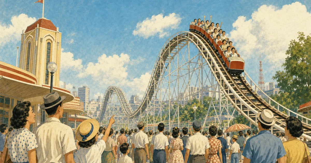 1955年頃の後楽園ゆうえんちを思わせる青空の下で、ジェットコースターを見上げる家族連れを描いたレトロなイラスト