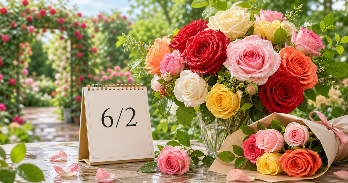 6月2日のカレンダーと、色とりどりのバラの花束を描いた記事ヒーロー画像