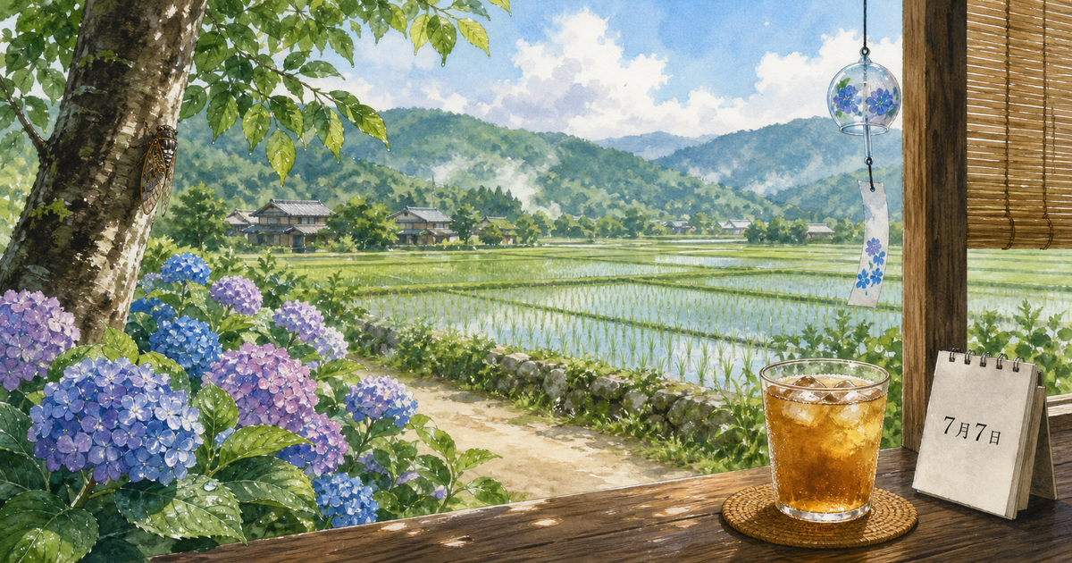 梅雨明け前の田んぼと紫陽花、蝉、冷たい麦茶、7月7日の卓上カレンダーを描いた小暑のイラスト