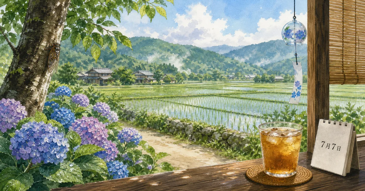 梅雨明け前の田んぼと紫陽花、蝉、冷たい麦茶、7月7日の卓上カレンダーを描いた小暑のイラスト
