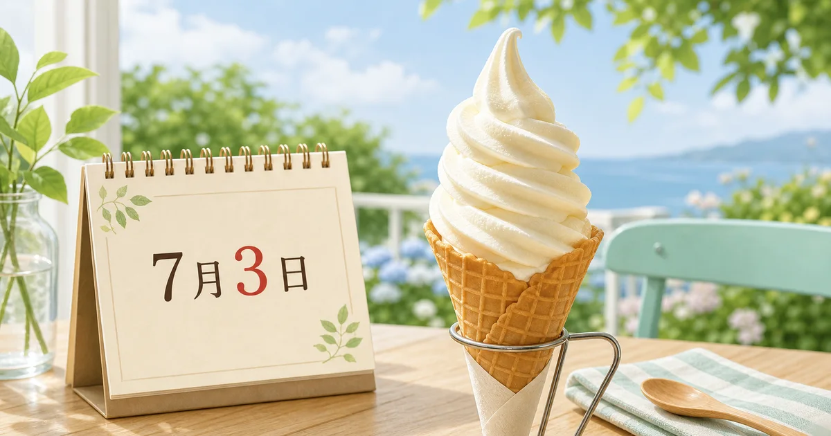 7月3日のカレンダーとバニラのソフトクリームを置いた初夏のカフェテーブル