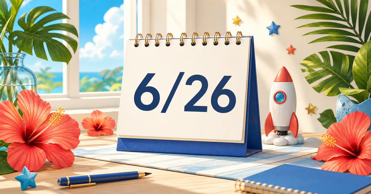 6月26日のカレンダーと南国の花、小さなロケットを描いた明るい記念日イラスト