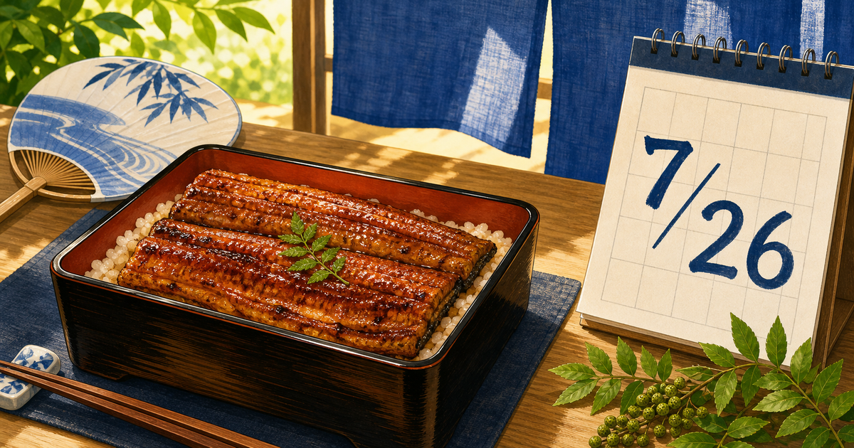 うな重と7月26日の卓上カレンダーを夏の日差しの中に置いた土用の丑の日のイラスト