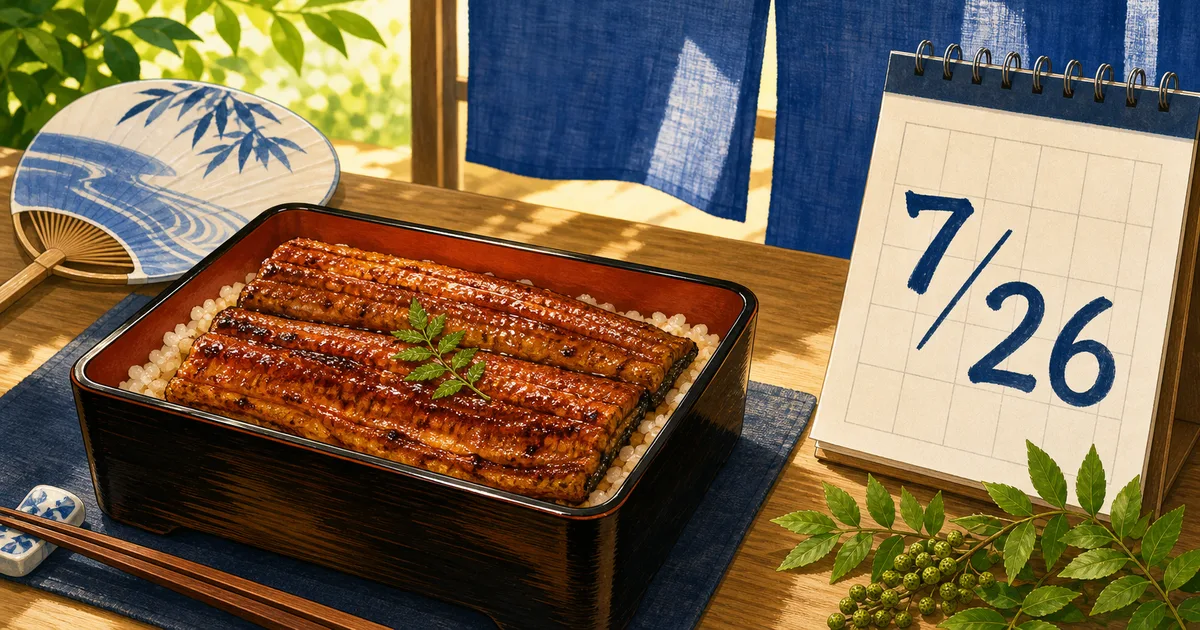 うな重と7月26日の卓上カレンダーを夏の日差しの中に置いた土用の丑の日のイラスト