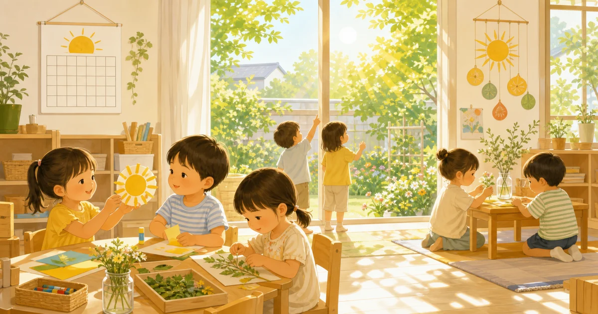 夏至の明るい日差しが入る保育室で子どもたちが制作や自然遊びを楽しむイラスト