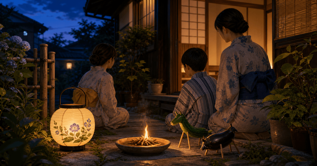 8月13日の夏の夕暮れ、家族が盆提灯と精霊馬をそばに置き、小さな迎え火を囲んでご先祖を迎えるイラスト