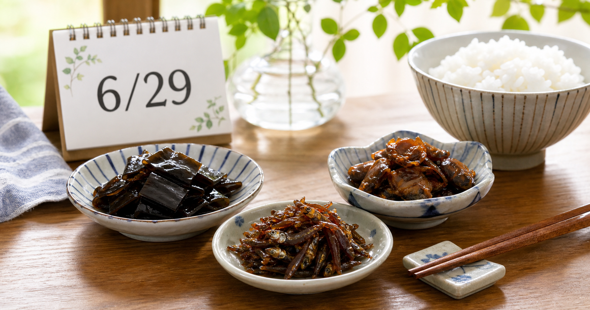 佃煮の小鉢とごはん、6月29日の卓上カレンダーを並べた明るい食卓の写真風イメージ