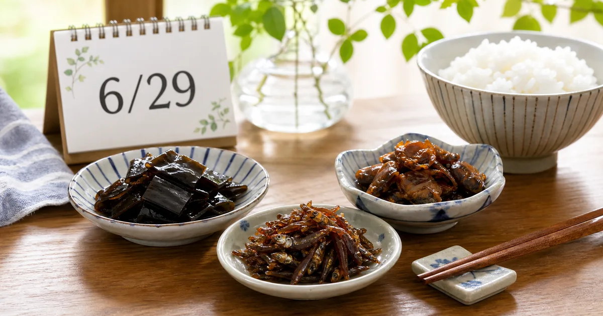 佃煮の小鉢とごはん、6月29日の卓上カレンダーを並べた明るい食卓の写真風イメージ