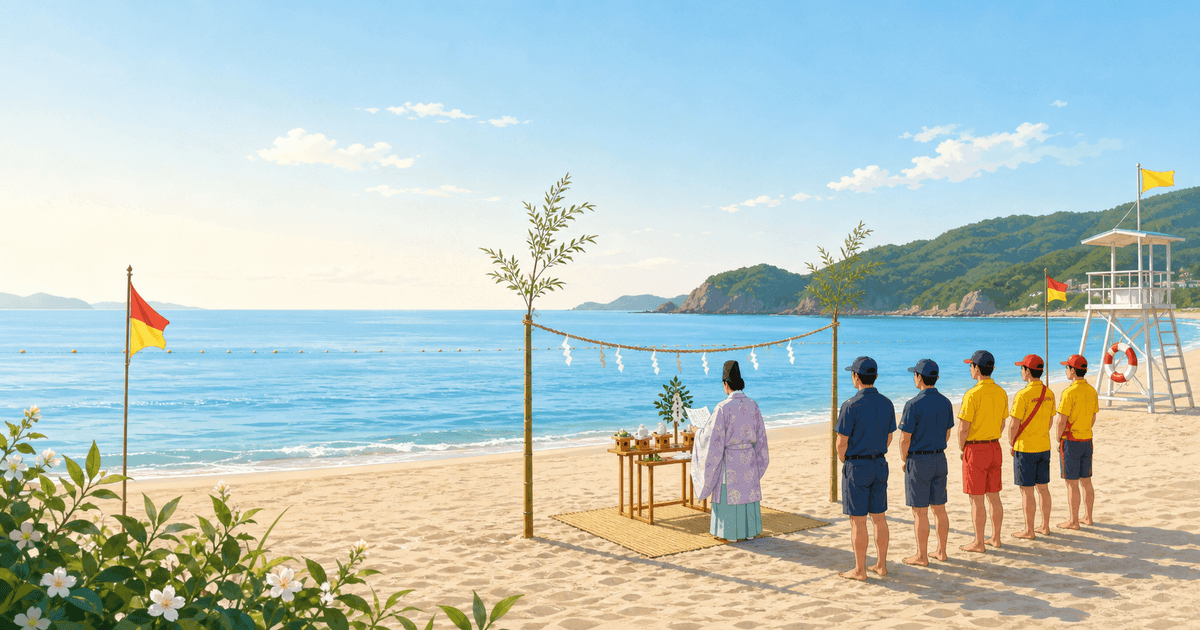 夏の海水浴シーズンを前に海岸で安全祈願の神事を行う海開きのイラスト