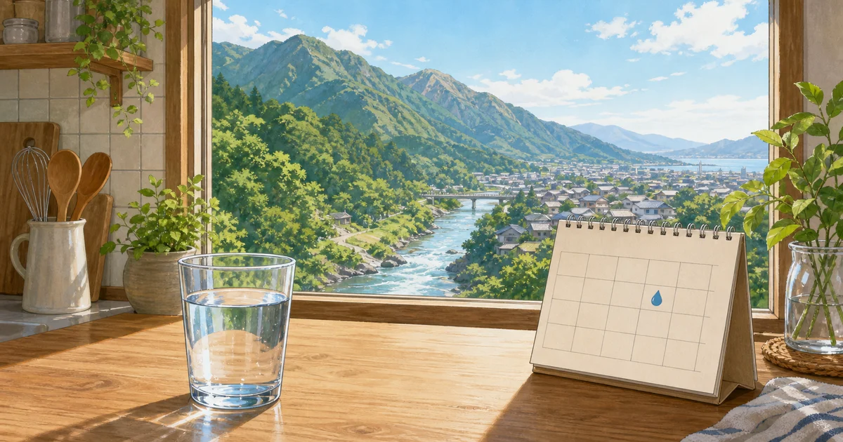 夏の台所に置かれた水のグラスとカレンダー、その向こうに山から町へ流れる川を描いたイラスト