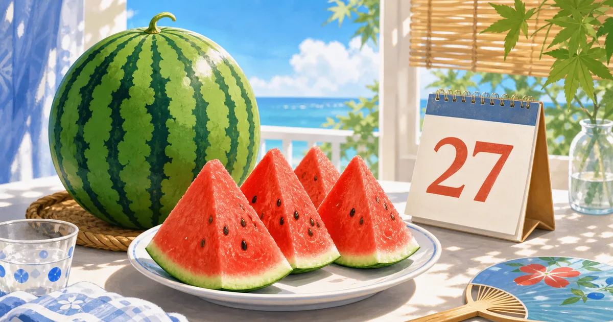 夏の窓辺に丸いスイカと切ったスイカ、27日のカレンダーが置かれた明るいイラスト