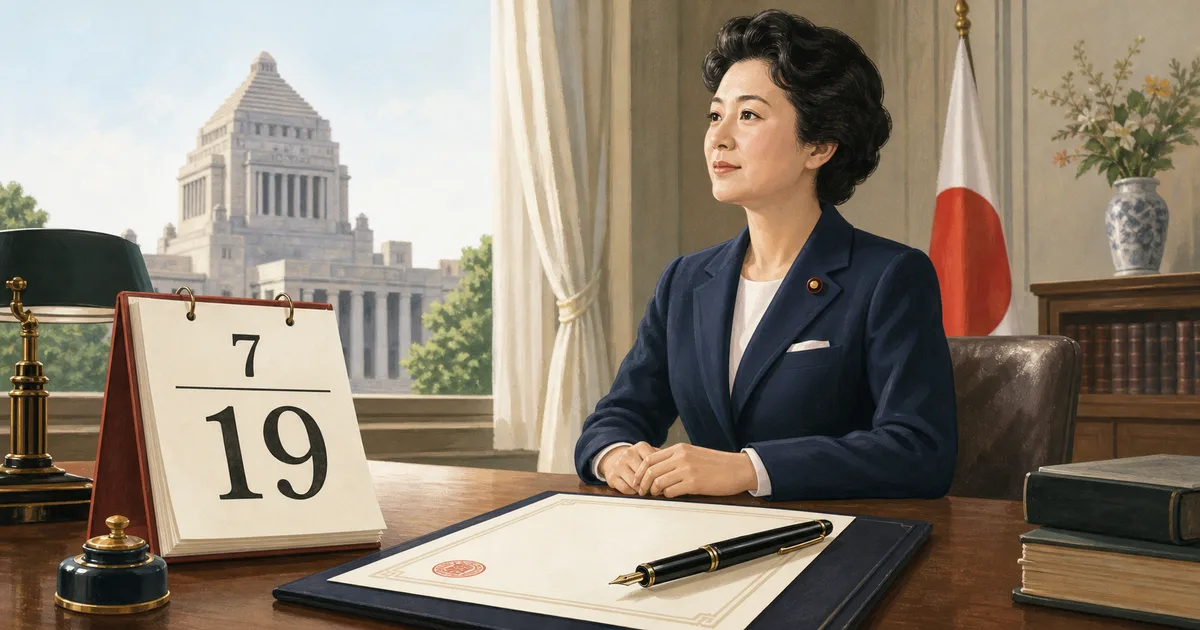 7月19日のカレンダーと任命書を前にした日本初の女性大臣を象徴する歴史風イラスト