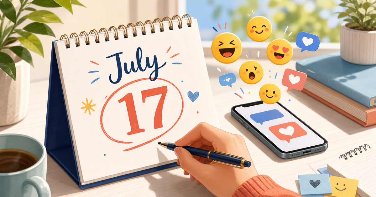 7月17日のカレンダーとスマートフォンから浮かぶ絵文字を描いた世界絵文字デーのイラスト