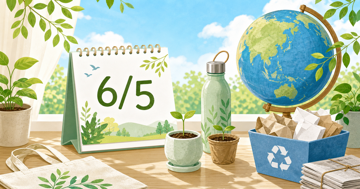 6月5日のカレンダーと地球、若葉、リサイクル用品を描いた世界環境デーの記事ヒーロー画像