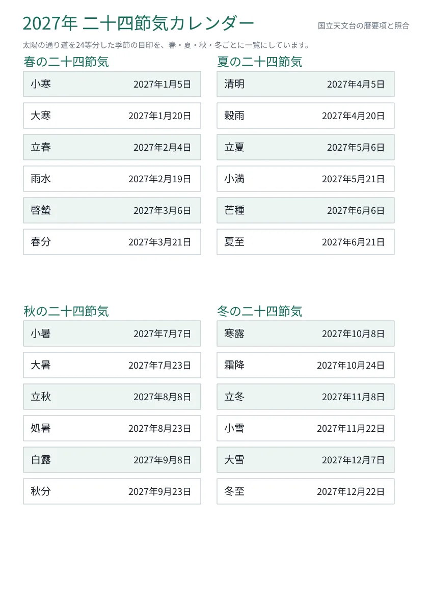 2027年二十四節気カレンダーの印刷プレビュー